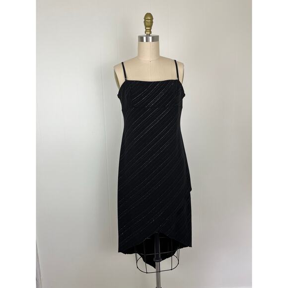 Vintage 90s Y2K City Triangles Stretchy Black Midi Dress Large Tulip Hem Goth - Picture 2 of 16